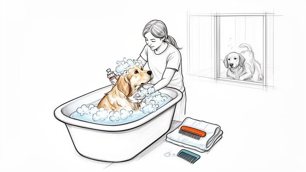 chien avec puces qui prend un bain