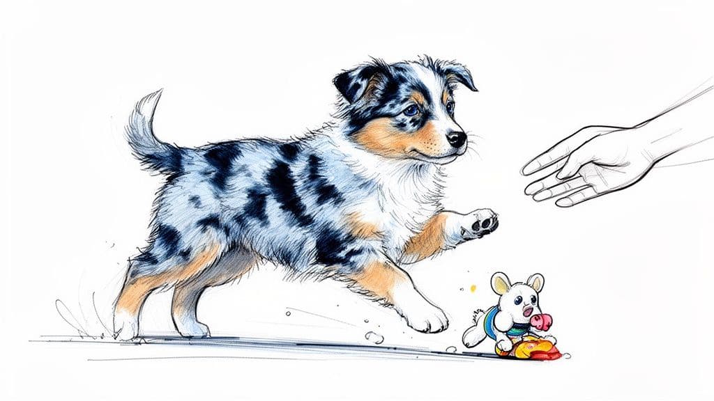 chiot berger australien bleu merle qui joue